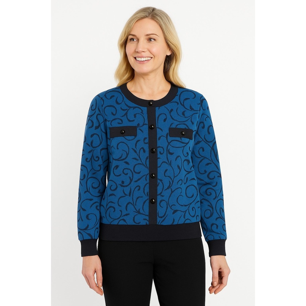 Alfred Dunner Cardigan Blue Black Scroll Print Button Front Petite Small Vintage